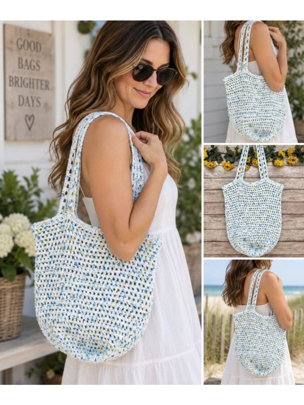 Handmade Crochet Tote Bag White Blue Green Boho Beach Market Shoulder Purse